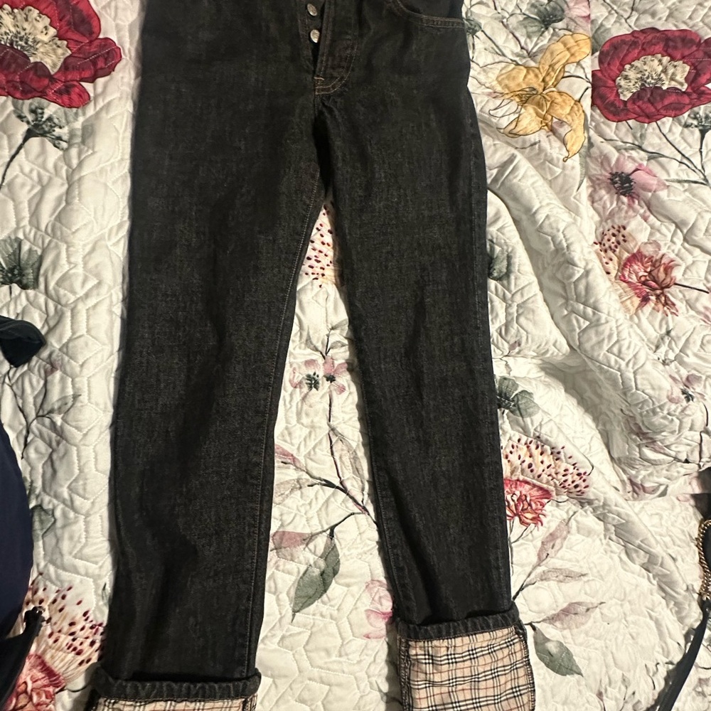 Burberry Black Straight Leg Jeans with Plaid Detail